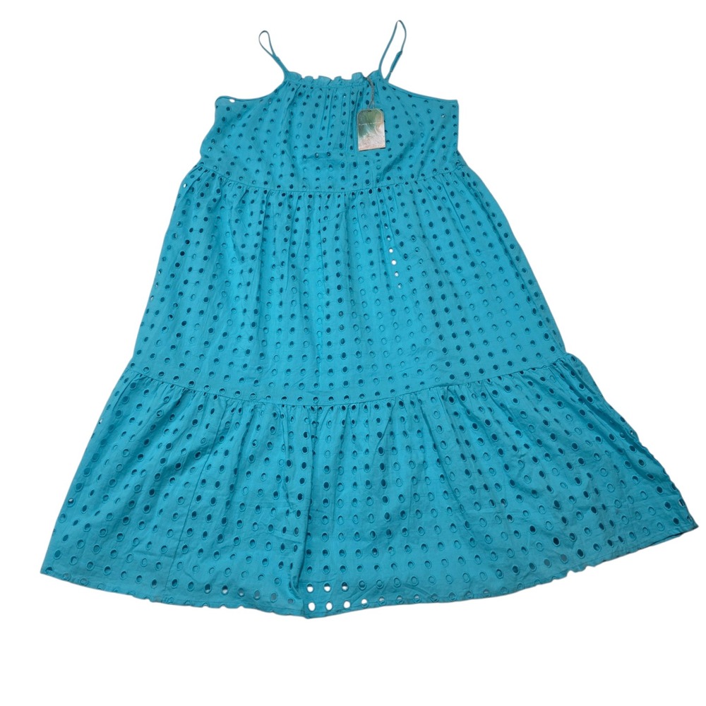 True Destinations Dress Womens M Blue Eyelet Tiered Cotton Resort Maxi Coverup